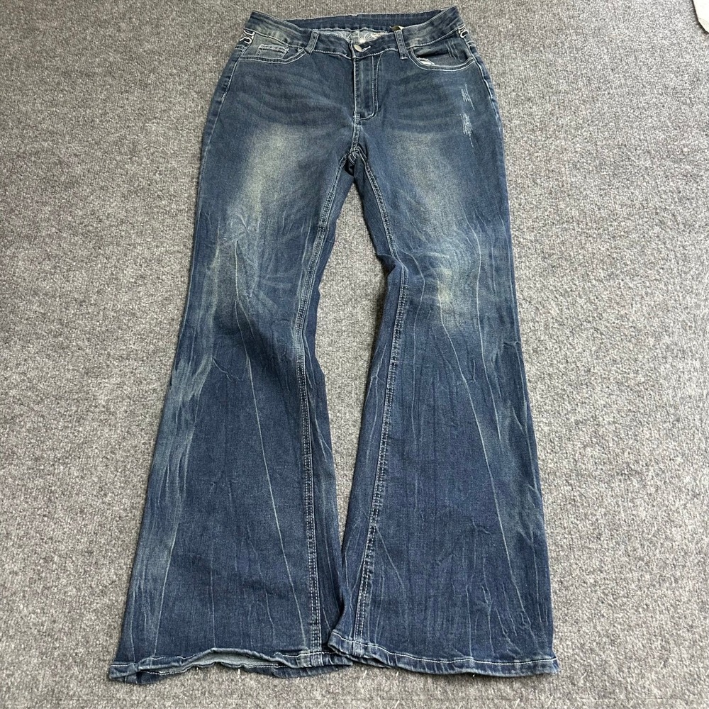Romwe Jeans Womens XL Blue Viscose Flare Leg Embroidered Cross Y2K Distressed